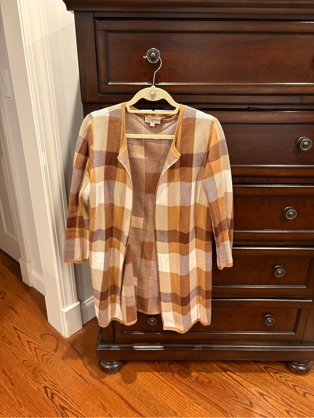 Loft Plaid Open-Front Knit Cardigan in Mustard & Brown